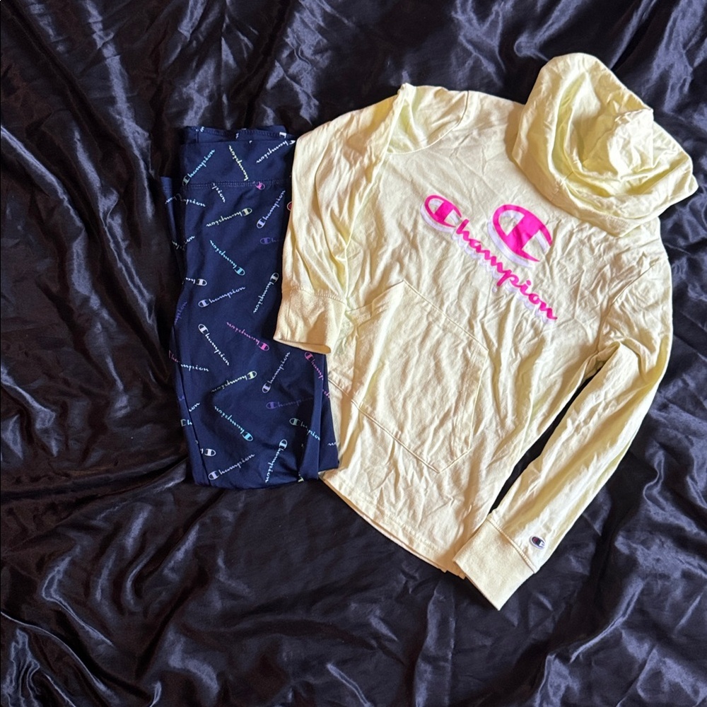 Champion Light Yellow Hoodie and Black Logo Leggings